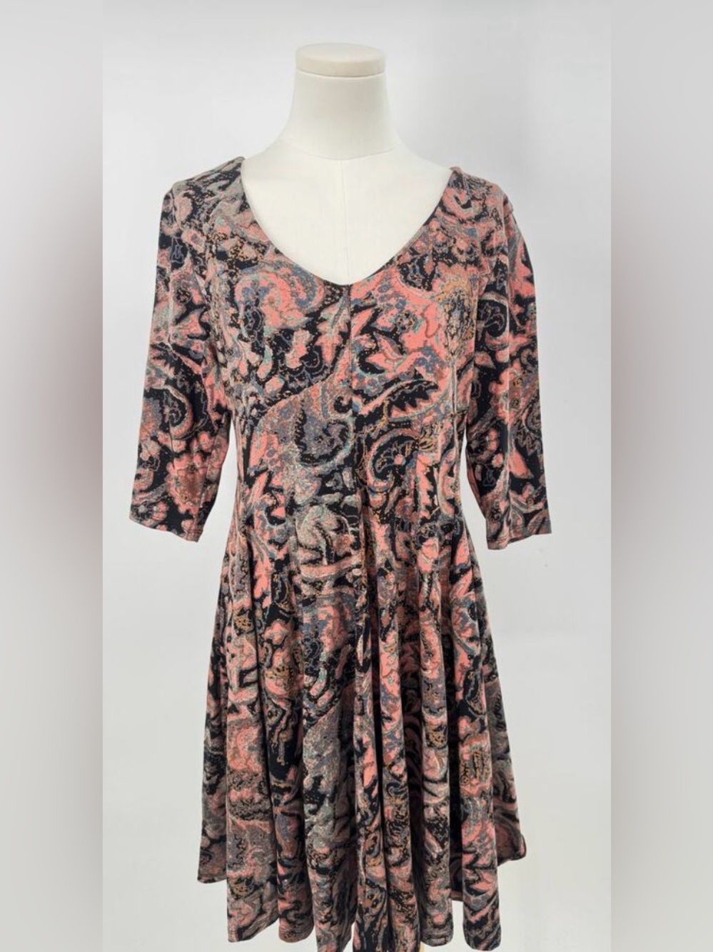Peruvian Connection Dress Black Pink Paisley Floral Cotton Short Fit & Flare M
